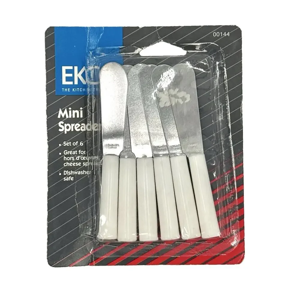 EKCO Mini Hors d’Oeuvres Spreaders Set 6 Stainless Steel White Handles NOS 1996